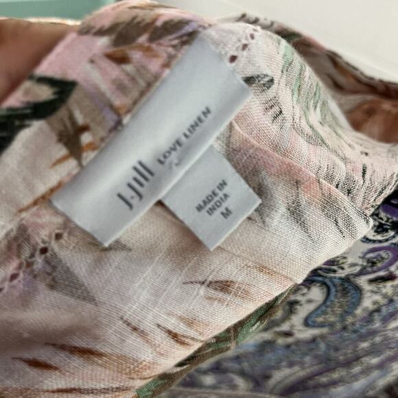 J. Jill Love Linen Blouse Tunic size Medium Pink Green Linen Tropical Beach Slim - Picture 9 of 9